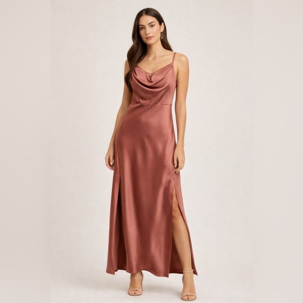 Revelry Satin Slip Dress Size8 Rose Mauve Cowl Neck Side Slits Formal Bridesmaid - Picture 1 of 8
